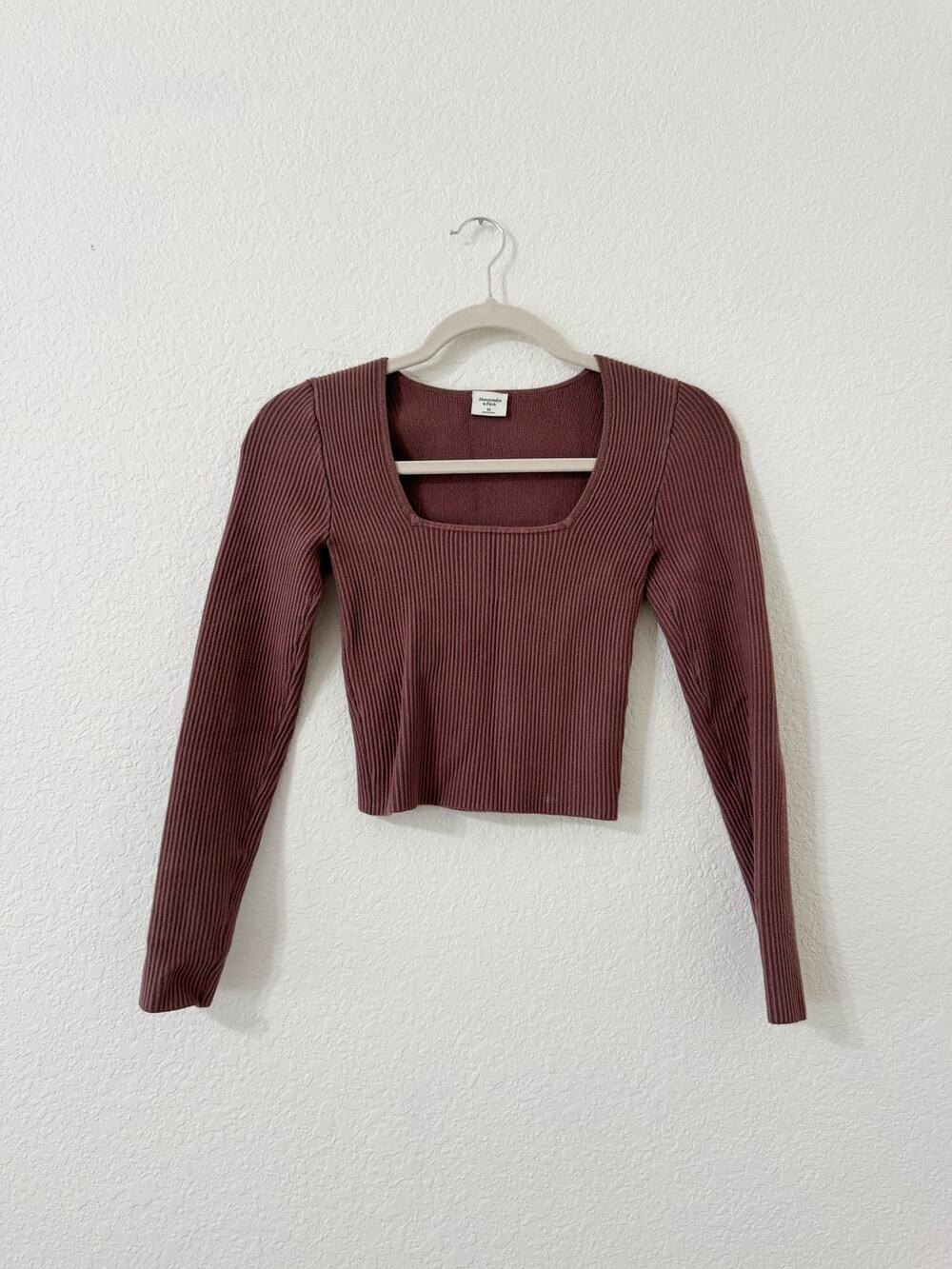 Abercrombie & Fitch Ribbed Square Neck Long Sleeve Crop Top Mauve Pink XS